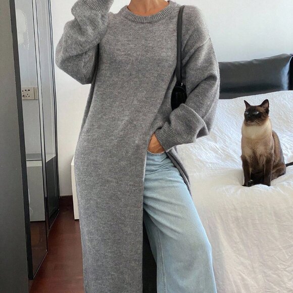 Grey Women's Casual Split Hem Knit Sweater Top - Picture 4 of 7